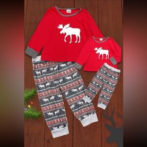 Moose Red Long Sleeve Pajama Shirt and Pant Set Adult Unisex Boutique Style